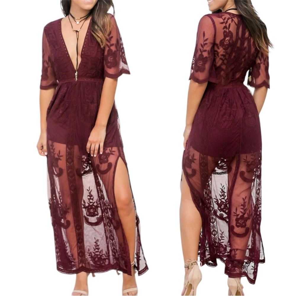 Honey Punch Boho Burgundy Embroidered Floral Lace Overlay Romper Maxi Dress